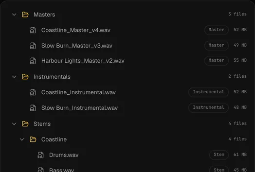 The delivery package folder tree produced by those rules: masters, instrumentals and per-song stems
