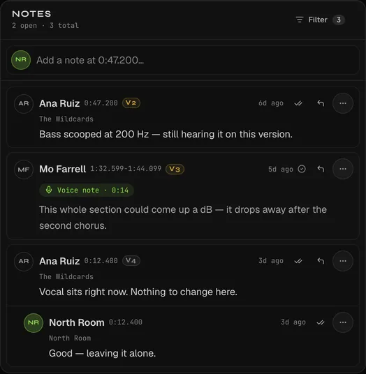 A notes panel with timestamped comments, a client voice note with its transcript, and a note carried forward unresolved from an earlier version