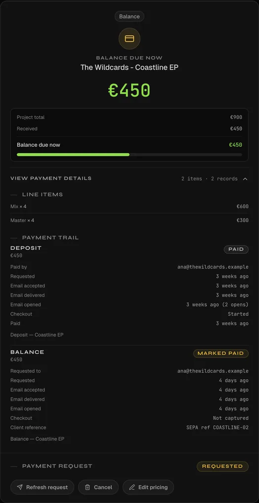 A payment card showing a settled Stripe deposit and an outstanding balance collected by bank transfer