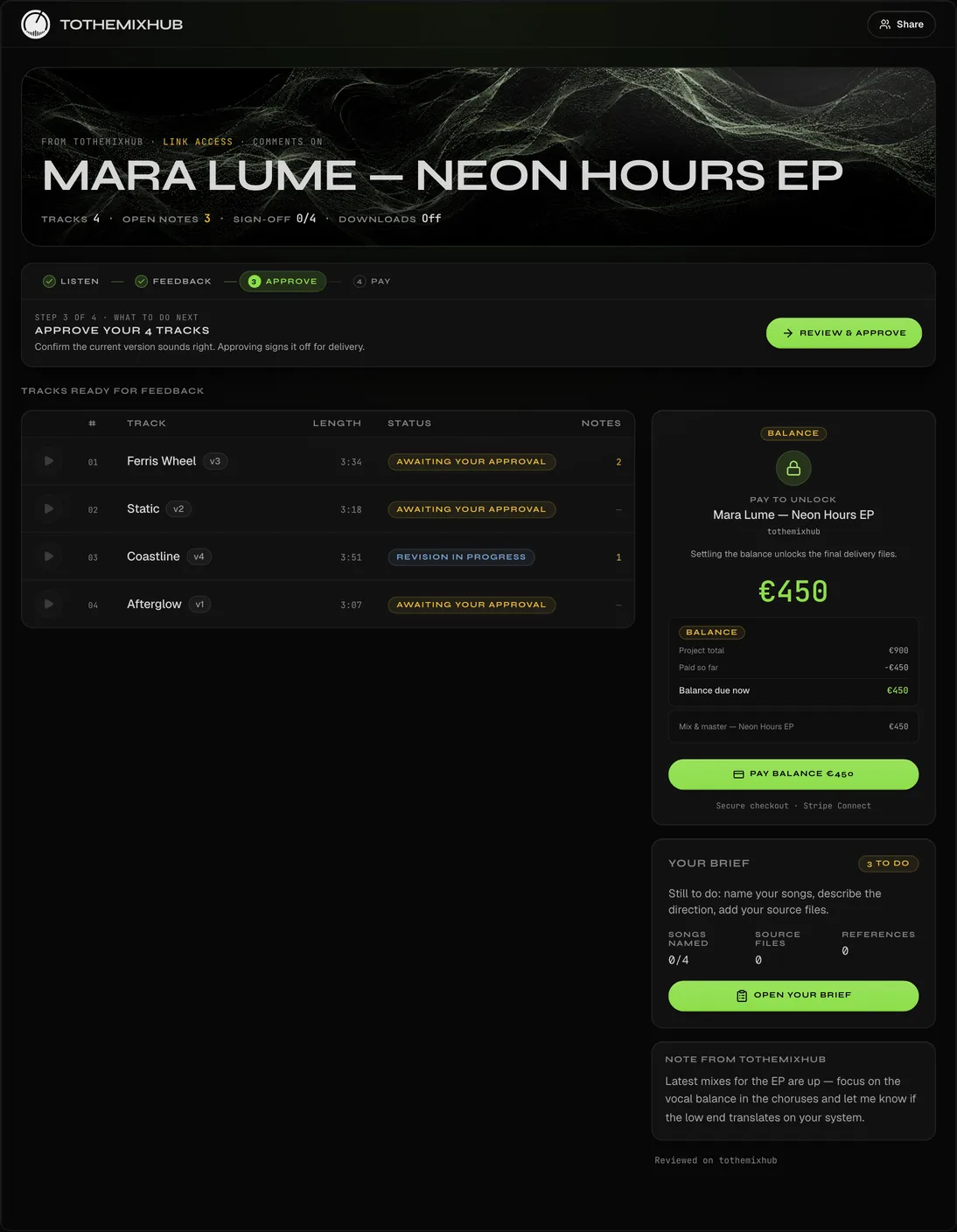A client review room: the project header, the listen-feedback-approve steps, the track list and the balance due